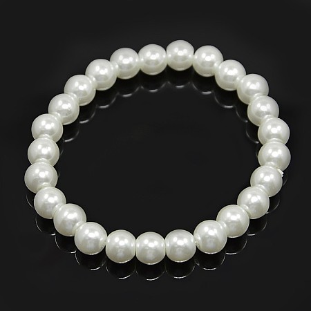 Honeyhandy Stretchy Glass Pearl Bracelets, with Elastic Cord, White, 6x55mm