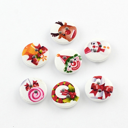 Arricraft 2-Hole Printed Wooden Buttons for Christmas, Flat Round, Mixed Color, 15x4mm, Hole: 2mm