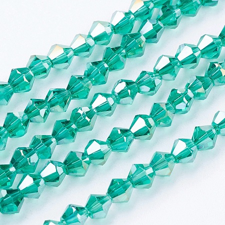 Honeyhandy Glass Beads Strands, AB Color Plated, Faceted, Bicone, Light Sea Green, 4x4mm, Hole: 1mm, about 92~96pcs/strand, 13.78~14.37 inch