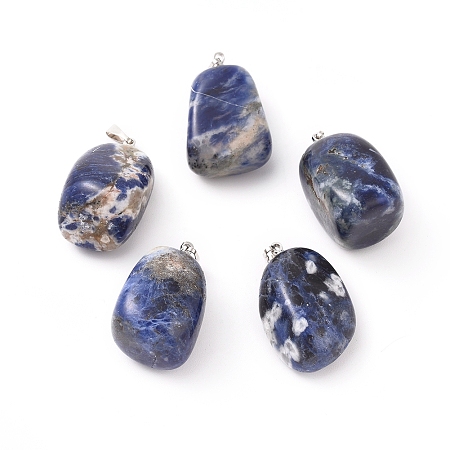 Honeyhandy Natural Sodalite Pendants, with Platinum Tone Brass Findings, Nuggets, 23~30x13~22x12~20mm, Hole: 5x3mm