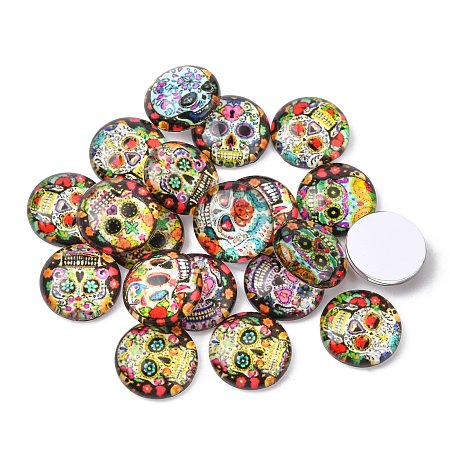 Honeyhandy Half Round/Dome Candy Skull Pattern Glass Flatback Cabochons for DIY Projects, Mixed Color, 12x4mm
