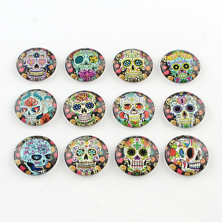 Arricraft Half Round/Dome Candy Skull Pattern Glass Flatback Cabochons for DIY Projects, Mixed Color, 25x6mm