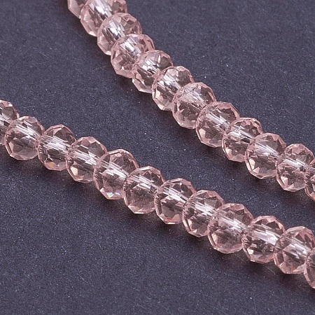 Honeyhandy Transparent Glass Beads Strands, Faceted, Rondelle, Pink, 3x2mm, Hole: 0.5mm, about 188~190pcs/strand, 16.7 inch