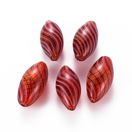 Honeyhandy Transparent Handmade Blown Glass Globe Beads, Stripe Pattern, Rice, FireBrick, 24.5~25.5x11.5~12.5mm, Hole: 1~2mm
