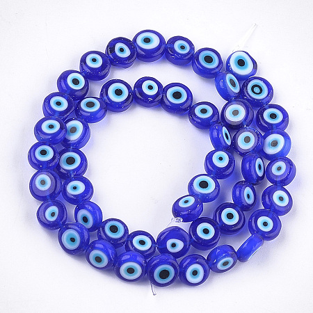 Honeyhandy Handmade Evil Eye Lampwork Beads Strands, Flat Round, Blue, 7.5~8x3~4mm, Hole: 1mm, about 48pcs/strand, 13.7 inch~14.9 inch