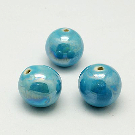 Honeyhandy Handmade Porcelain Beads, Pearlized, Round, Sky Blue, 18mm, Hole: 2~3.5mm