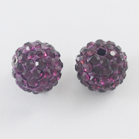 Honeyhandy Pave Disco Ball Beads, Polymer Clay Rhinestone Beads, Round, Amethyst, 10mm, Hole: 1.5mm