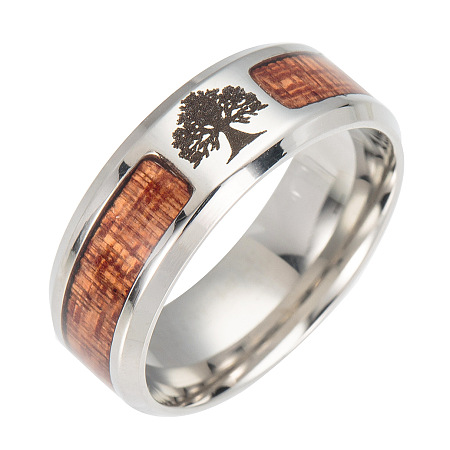 Honeyhandy Stainless Steel Wide Band Finger Rings, with Acacia, Tree, Stainless Steel Color, US Size 11 1/4(20.7mm)