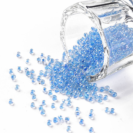 FGB 11/0 Transparent Glass Seed Beads, Inside Color, AB Color Plated, Dodger Blue, 2.3x1.5mm, Hole: 1mm, about 2000pcs/50g
