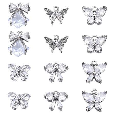 SUNNYCLUE 12Pcs 6 Style Brass Inlaid Clear Cubic Zirconia Charms, Platinum, 9~13.5x9.5~13x1.5~5mm, Hole: 1.2~1.4mm, 2pcs/style