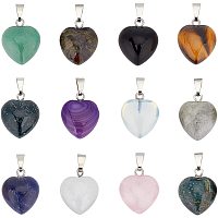 SUPERFINDINGS 12Pcs Heart Gemstone Pendants12 Styles Natural Synthetic Crystal Stone Charms with Platinum Brass Loops for DIY Jewelry Making