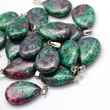 Honeyhandy Teardrop Dyed Natural Ruby in Zoisite Pendants, with Platinum Tone Brass Findings, 25~29x16~17x5~6mm, Hole: 2x7mm