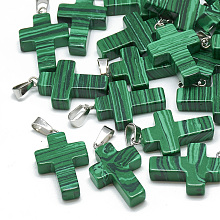 Honeyhandy Synthetic Malachite Pendants, with Stainless Steel Snap On Bails, Cross, 29~30x18~19x5~6mm, Hole: 6x4mm