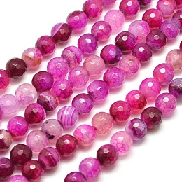 Honeyhandy Dyed Natural Agate Faceted Round Beads Strands, Deep Pink, 8mm, Hole: 1mm, about 48pcs/strand, 14.5 inch