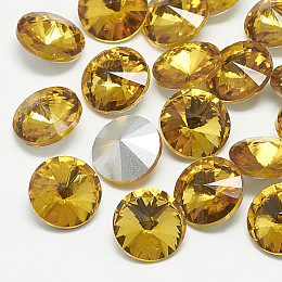 Honeyhandy Pointed Back Glass Rhinestone Cabochons, Rivoli Rhinestone, Back Plated, Faceted, Cone, Topaz, 10x5mm