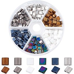 NBEADS 240 Pcs 6 Colors Electroplate Glass Seed Beads, 2-Hole Glass Pony Beads Rectangle Loose Beads for Jewelry Design Necklace Bracelet Earring Making, Mixed Color