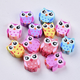 Honeyhandy Handmade Polymer Clay Beads, Owl, Mixed Color, 9~12x9~10x4~5mm, Hole: 1.6mm