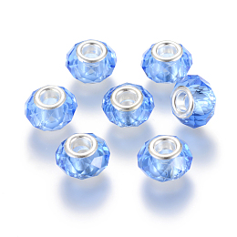 Honeyhandy Handmade Glass European Beads, Large Hole Beads, Silver Color Brass Core, Blue, 14x8mm, Hole: 5mm