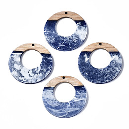 Honeyhandy Opaque Resin & Walnut Wood Pendants, Two Tone, Donut, Blue, 38x3mm, Hole: 2mm