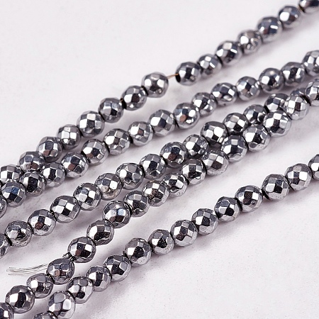 Arricraft Electroplate Non-magnetic Synthetic Hematite Beads Strands, Faceted, Round, Grade AAAA, Platinum Plated, 2mm, Hole: 0.5mm, about 200pcs/strand, 16 inches