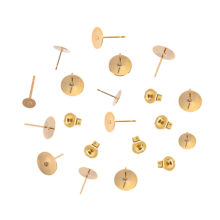 Unicraftale 304 Stainless Steel Stud Earring Settings, with Ear Nuts/Earring Backs, Bead Container, Flat Round, Golden, 7.4x7.2x1.7cm, 120pcs/box