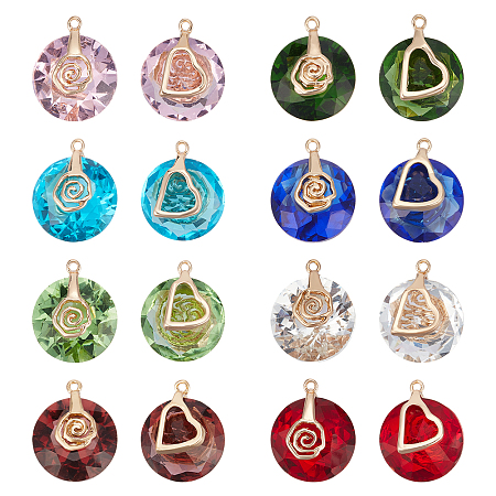 PandaHall Elite 16Pcs 8 Colors Valentine's Day Glass Pendants, with Light Gold Plated Brass Ice Pick Pinch Bails, Faceted, Flat Round with Rose & Heart, Mixed Color, 17~18x14mm, Hole: 1.2mm, 2pcs/color