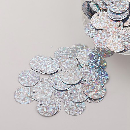 Honeyhandy Ornament Accessories Plastic Paillette/Sequins Charms, Flat Round, Silver, 12~13x0.1mm, Hole: 1.4mm