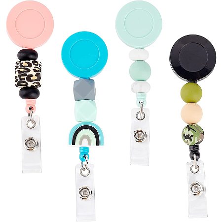 OLYCRAFT 4Pcs Silicone Badge Reels Retractable ID Card Badge Reels with Alligator Clip Bead Retractable Badge Holders for Office Worker Doctor Nurses Volunteer - 4 Style
