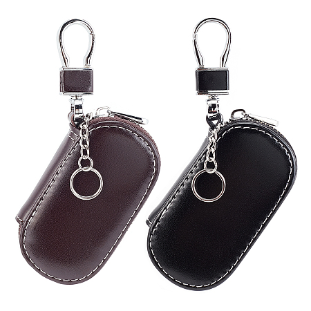 WADORN 2 Colors Genuine Leather Key Holder Bag, Car Key Case Holder Universal Premium Leather Zippered Coin Bag Keychain Case Wallet Men Women Key Case Holder Zipper Closure for Remote Key Fob