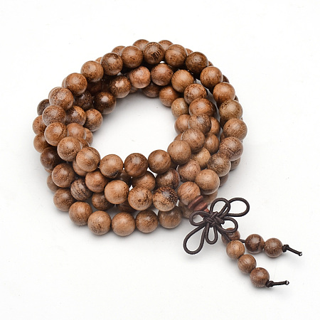 Honeyhandy 5-Loop Wrap Style Buddhist Jewelry, Wood Mala Bead Bracelets/Necklaces, Round, Camel, 34-5/8 inch(88cm)