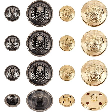 OLYCRAFT 48pcs Metal Blazer Button Set 4-Style Emblem Crest Vintage Shank Buttons Round Shaped Metal Button Set for Blazer Suits Coat Uniform and Jacket - Antique Silver & Golden