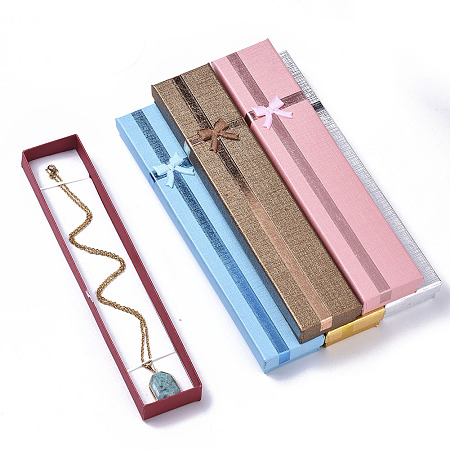 Honeyhandy Cardboard Jewelry Boxes, for  Necklaces, with Bowknot Outside and Sponge Inside, Rectangle, Mixed Color, 21x4x2cm, No Cover: 20.5cm long, 4cm wide, 2mm thick, Inner Size: 20.5x4cm, Cover: 21cm long, 4.5cm wide, 1mm thick