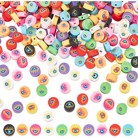 CHGCRAFT 300Pcs 10 Colors 10mm Evil Eye Polymer Clay Beads Flat Round Evil Eye Handmade Charms Multicolored Spacer Beads for Necklace Bracelet Hair Clip Jewelry Making Accessories