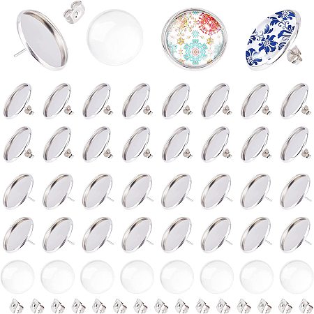 DICOSMETIC 40Sets Stainless Steel Stud Earrings Cabochon Settings Earring Post Cup Blank Trays Earring Flat Round Bezel Earring with Glass Cabochons and Mental Earring Backs for Jewelry Making
