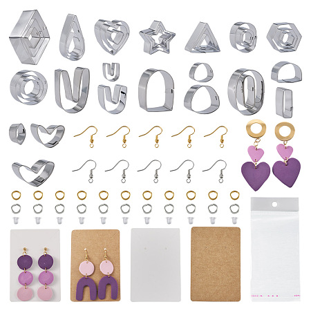 FASHEWELRY DIY Earring Making Finding Kits, Including 430 Stainless Steel Clay Earring Cutters, Brass Jump Rings & Earring Hooks, Cellophane Bags, Cardboard Cards, Plastic Ear Nuts, Golden & Stainless Steel Color