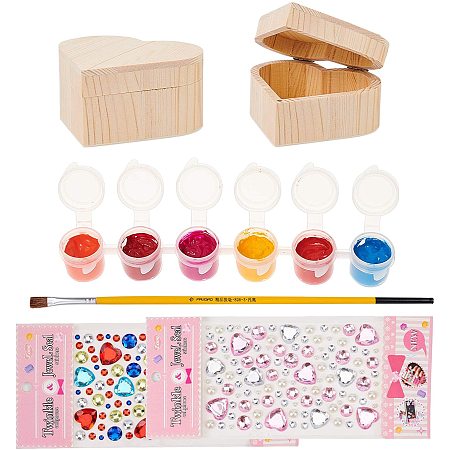 PandaHall Elite 2 Pack Unfinished Heart Wooden Jewelry Box with 5 Strips 5ml Empty Paint Strips, Paint Brushes and Rhinestone Stickers for DIY Storage Box Decor Crafts