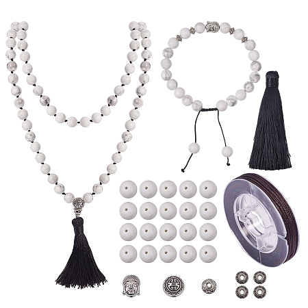 SUNNYCLUE 1 Set 108 Howlite Gemstone Mala Beads/Buddha Beaded Necklace Jewelry Making Kit - DIY Make 1 Hand Knotted Prayer Tassel Pendant Necklace and 1 Adjustable Mala Wrap Beaded Bracelet