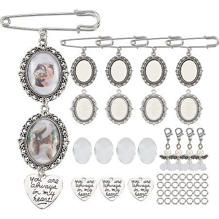 SUNNYCLUE 1 Box 100Pcs DIY 10 Sets Wedding Bouquet Photo Charms Making Kit Bridal Boutonniere Photo Charm Safety Pin Memory Brooch Lobster Claw Angel Charm Trays and Domes Cabochon Setting Crafting