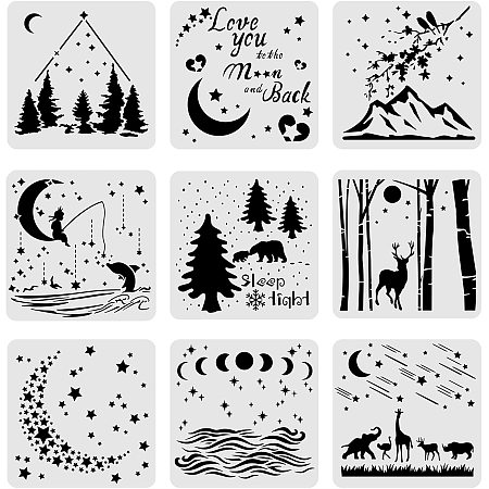BENECREAT 9PCS 12x12 Inches Mixed Night Sky Moon Star Painting Stencil Set Animal Forest View Template Stencil for Art Craft Painting Scrabooking and Decoration