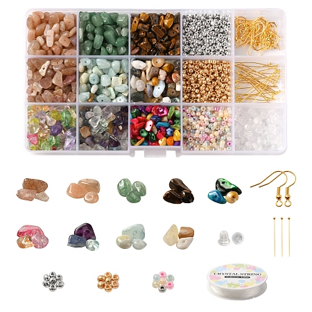 DIY Gemstone Beaded Earring Bracelet Making Kit, Including Natural & Synthetic Stone & Shell & Glass Chips Beads, Seed Beads, Iron Earring Hooks