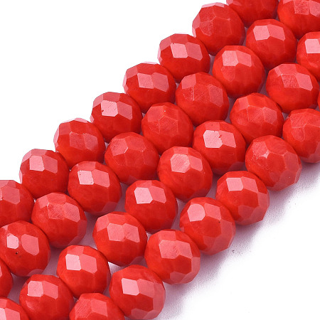 ARRICRAFT Opaque Solid Color Glass Beads Strands, Faceted, Rondelle, Red, 8x6mm, Hole: 1mm, about 65~68pcs/strand, 15.7~16.1 inch(40~41cm)