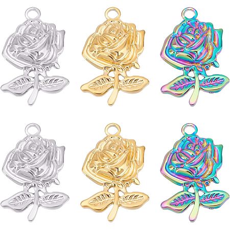 UNICRAFTALE 6Pcs 3 Colors Rose Necklace Pendants Charms Enchanted Rose Necklace Pendants 23.5mm Long 304 Stainless Steel Pendants 3D Rose Vivid Charms 2.2mm Hole Women Charms for Valentine's Day