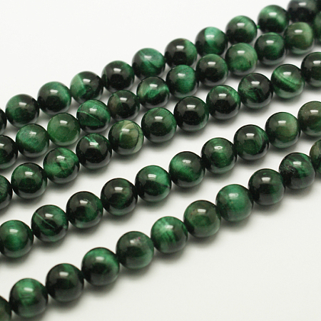 Honeyhandy Natural Tiger Eye Beads Strands, Round, Dyed & Heated, Medium Sea Green, about 8mm in diameter, hole: 1mm