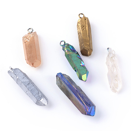 Honeyhandy Electroplate Natural Quartz Pendants, Point Pendants, with Iron Wires, Mixed Metal Color, Mixed Color, 20~50x6~15x6~15mm, Hole: 1.5mm