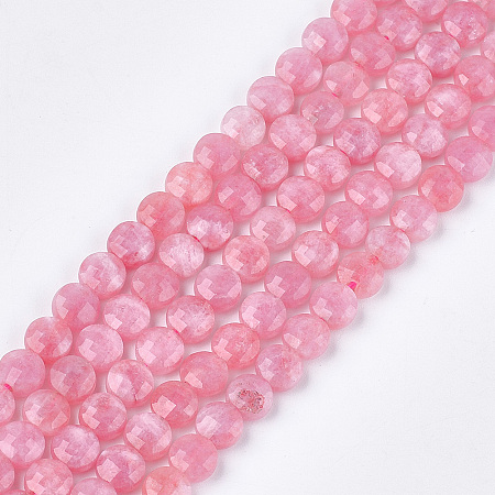 Honeyhandy Natural Rhodochrosite Beads Strands, Faceted, Dyed, Flat Round, 6~6.5x3.5mm, Hole: 0.8mm, about 59~60pcs/strand, 14.9 inch~15.1 inch