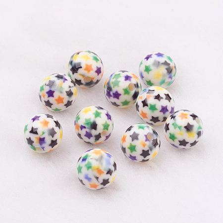 Honeyhandy Spray Painted Resin Beads, with Star Pattern, Round, Colorful, 10mm, Hole: 2mm
