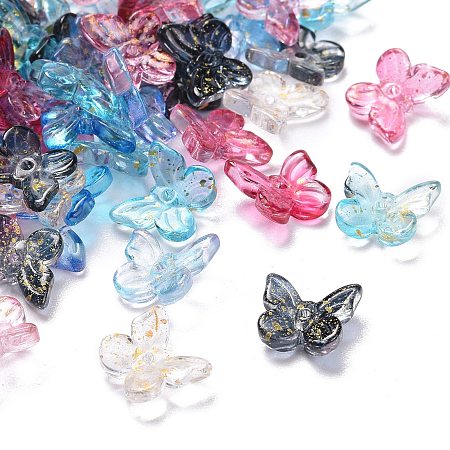 Honeyhandy Two Tone Transparent Spray Painted Glass Charms, with Glitter Powder, Butterfly, Mixed Color, 9.5x11x3mm, Hole: 0.8mm