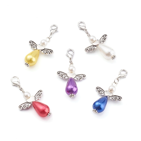 Honeyhandy Imitation Pearl Acrylic Pendants, Antique Silver Heart Beads, with Platinum Alloy Lobster Claw Clasps, Angel & Wings, Mixed Color, 33x23.5x10mm, Hole: 4x5mm