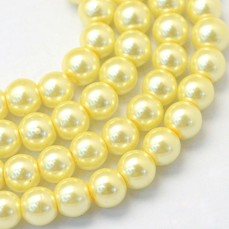 Baking Painted Pearlized Glass Pearl Round Bead Strands, Champagne Yellow, 8~9mm, Hole: 1mm; about 105pcs/strand, 31.4 inches