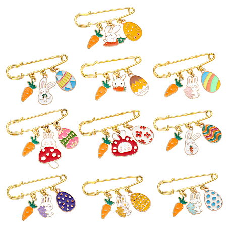 CHGCRAFT 7Pcs 7Styles Easter Safety Pin Brooch Easter Egg Rabbit Carrot Alloy Enamel Charms Safety Pin Brooch Gold Plated Iron Lapel Pins for Jewelry Accessories Easter Party Decoration